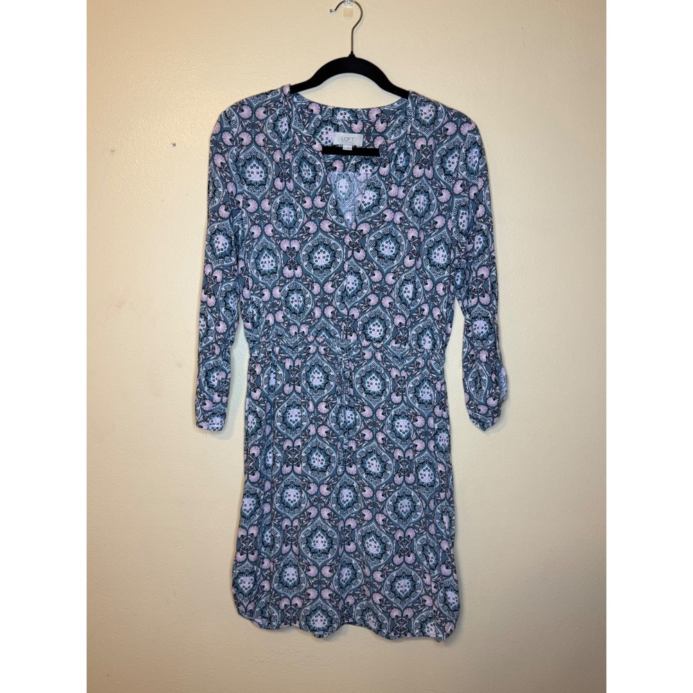 LOFT Outlet Women's Size M Blue Pink Floral Print Smocked Waist Dress